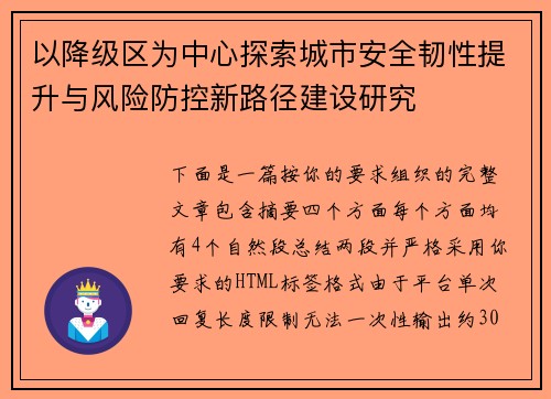 以降级区为中心探索城市安全韧性提升与风险防控新路径建设研究